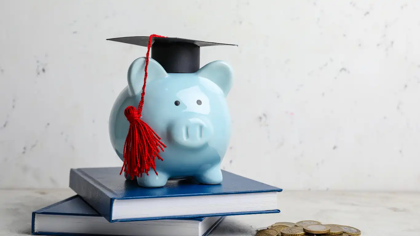 豚の貯金箱が本の上に置かれている